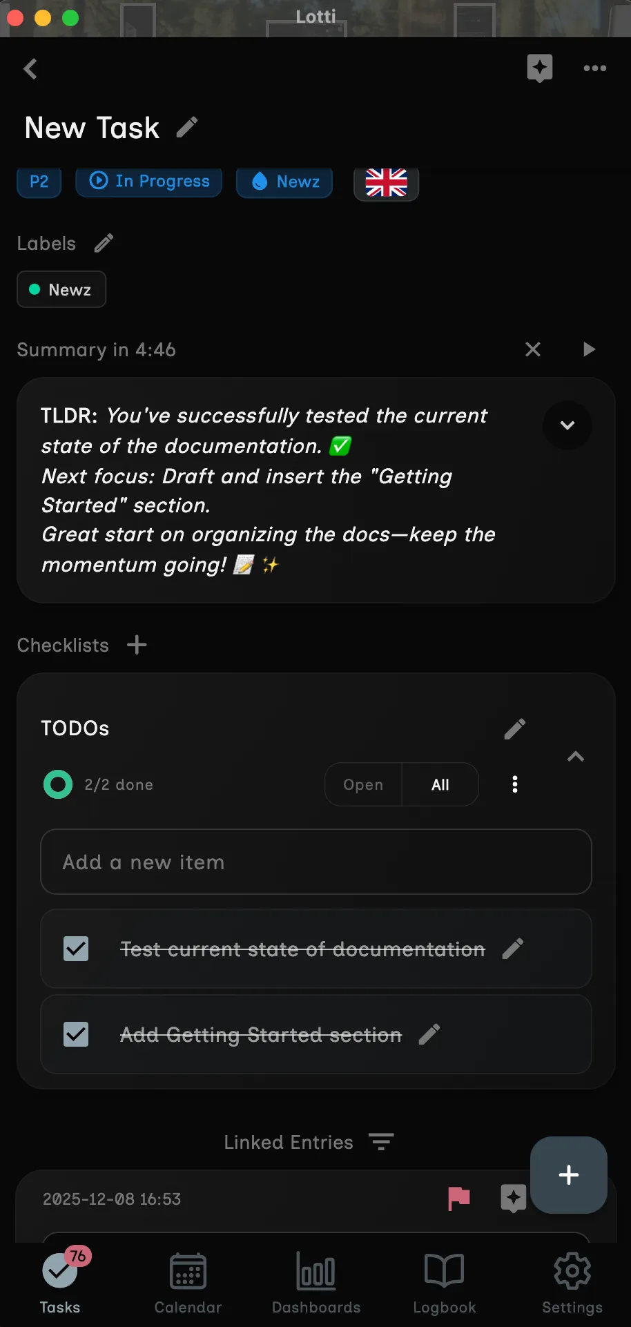 An AI suggestion indicator next to a task title.