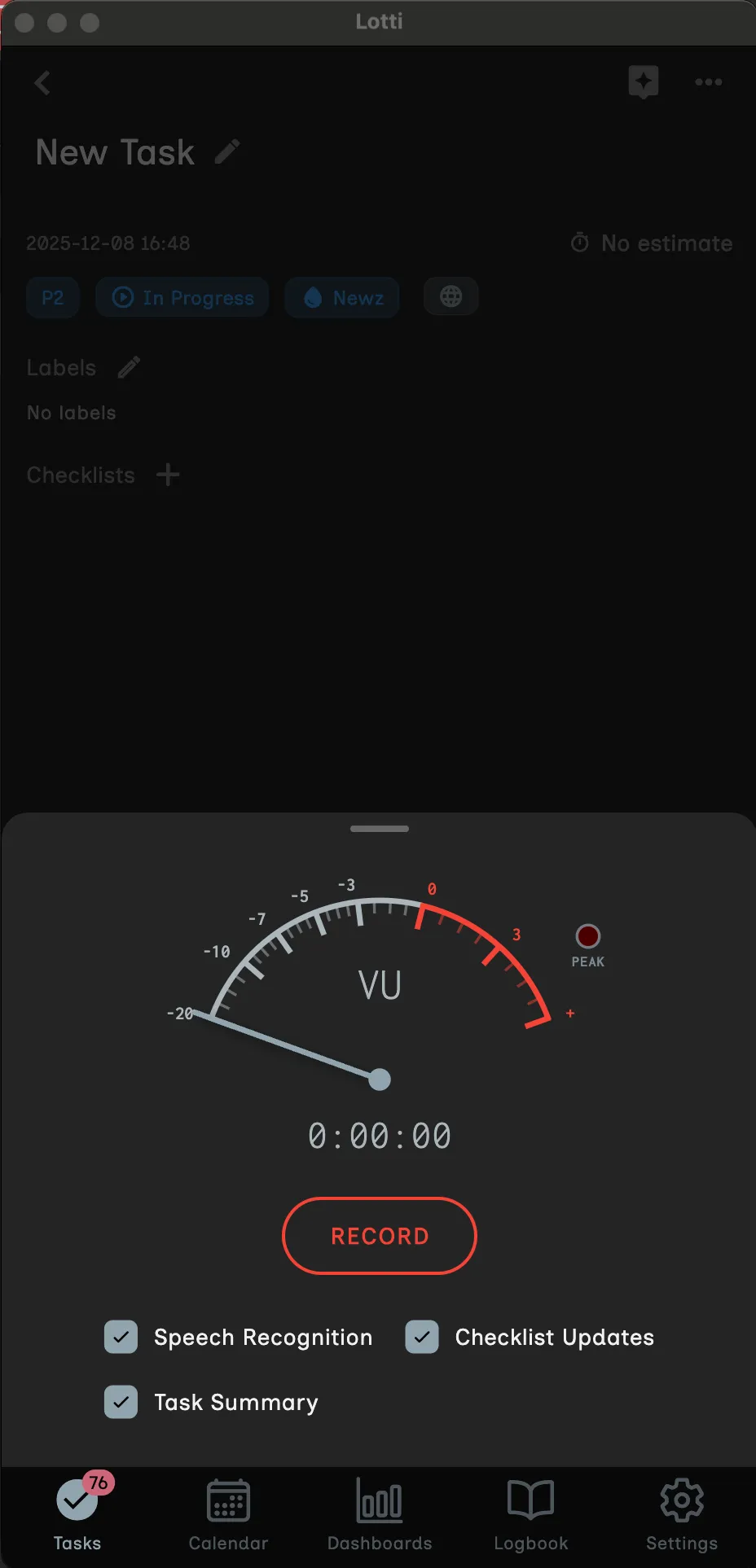 An audio recording modal capturing a journal entry.