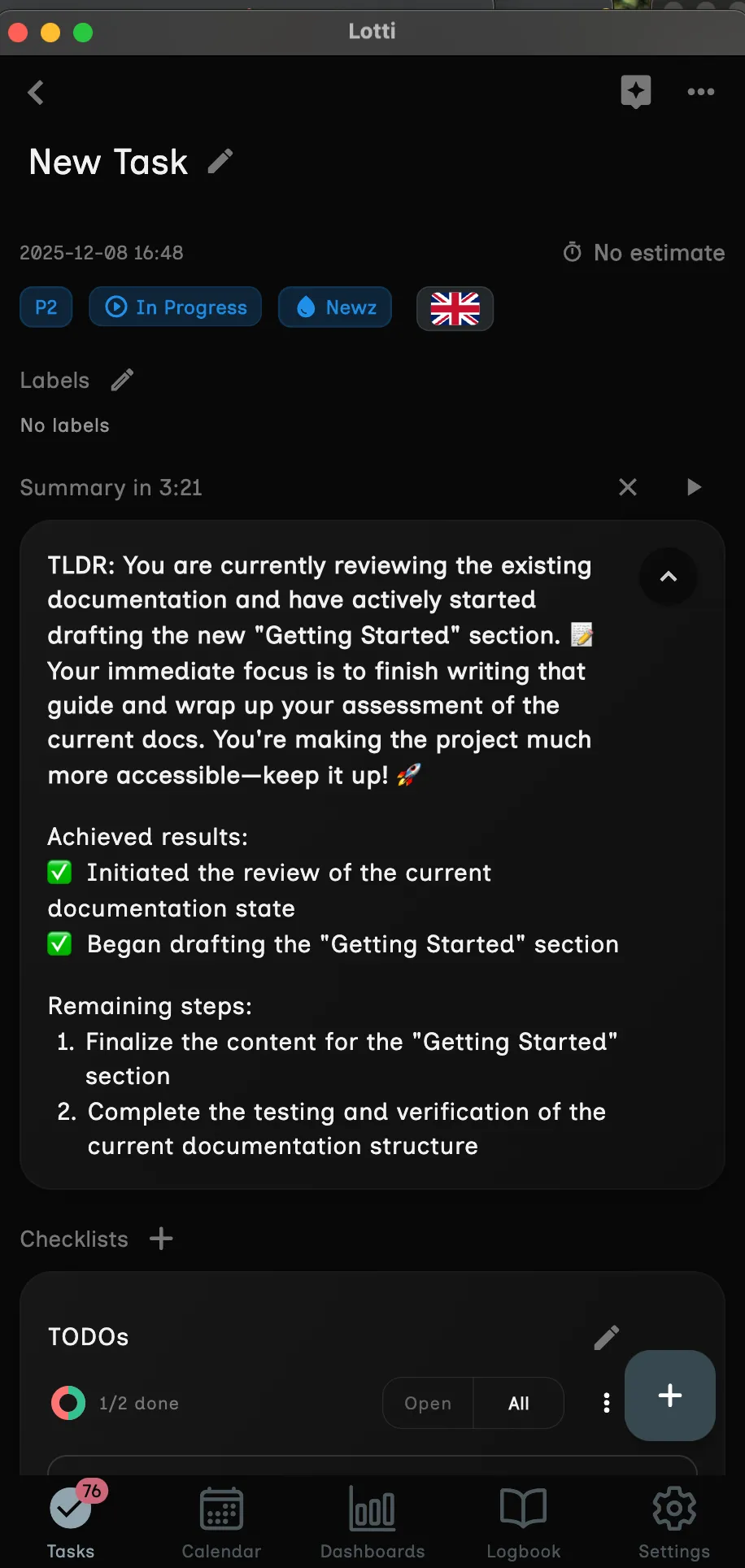 A Lotti task showing summary, checklist items, and inline recordings.