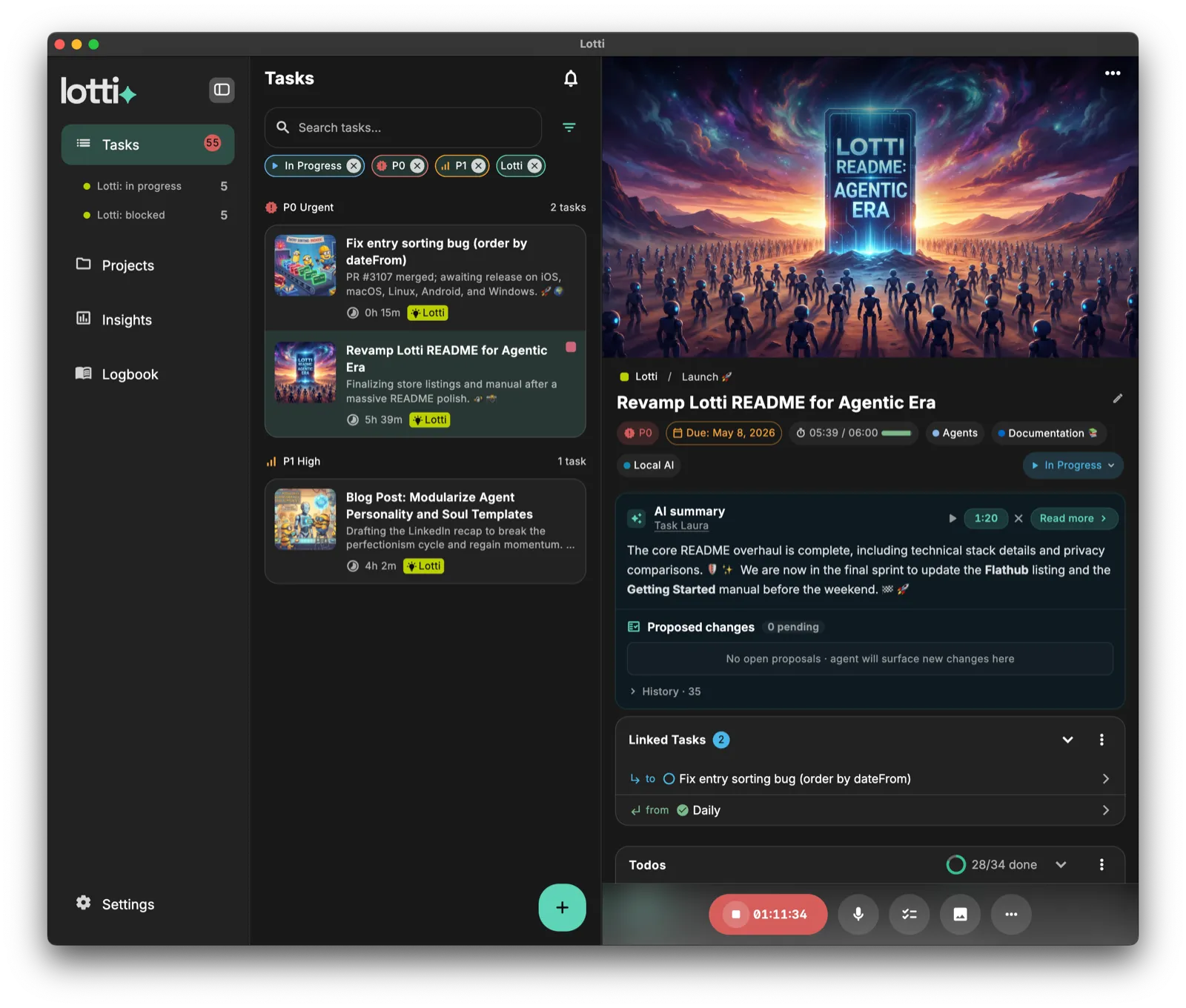 Lotti on macOS: a task with checklist, recordings, and AI-generated summary.